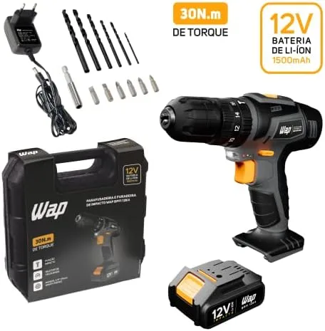 WAP Parafusadeira e Furadeira com Impacto à Bateria 12V BPFI-12K4, Kit de 13 Acessórios e Maleta, Torque 18 Níveis, Bivolt