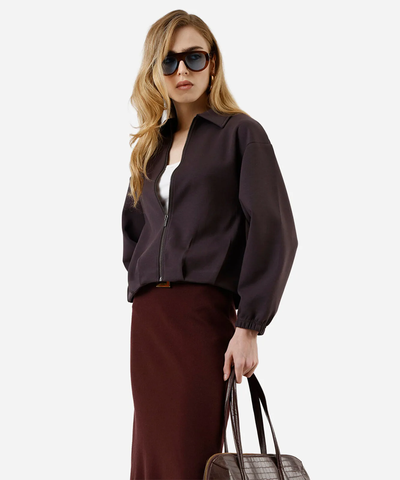 jaqueta bomber feminina com pregas cinza