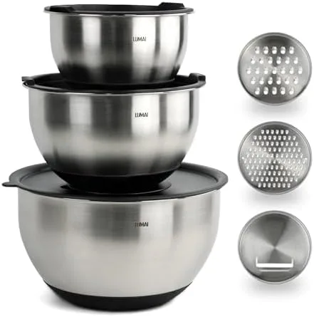 LUMAI Kit 3 Tigelas Bowls de Aço Inoxidável com Tampas Hérmeticas e 3 Discos de Corte de Inox para Ralar e Fatiar - Base de Silicone Premium - Utensilio de Cozinha para Misturar, Armazenar e Marinar