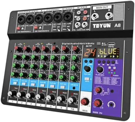 A8 Console de mistura,8 Canais Mixer Profissional para Shows ao Vivo, Karaokê - USB/Bluetooth, Efeito de Reverb, Saída de Monitoração, Controle de Som Estúdio e Palco (Alimentação 110V/127V/220V)