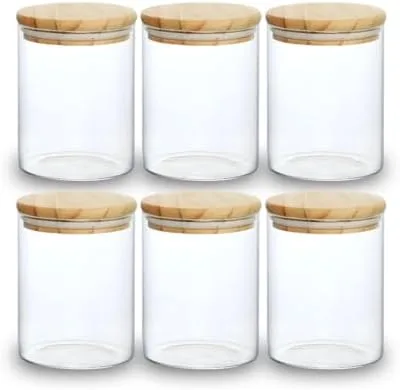 Kit 06 Potes de Mantimentos Herméticos 300ml Pote Redondo de Vidro Tampa De Bambu Premium