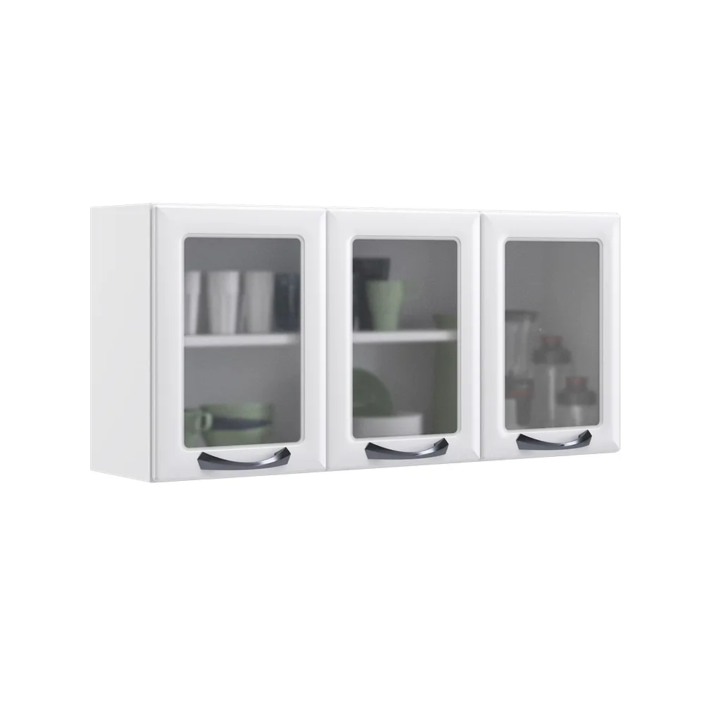 Armário Aéreo New Premium 120cm 3 Portas de Vidro Aço Branco - Itatiaia