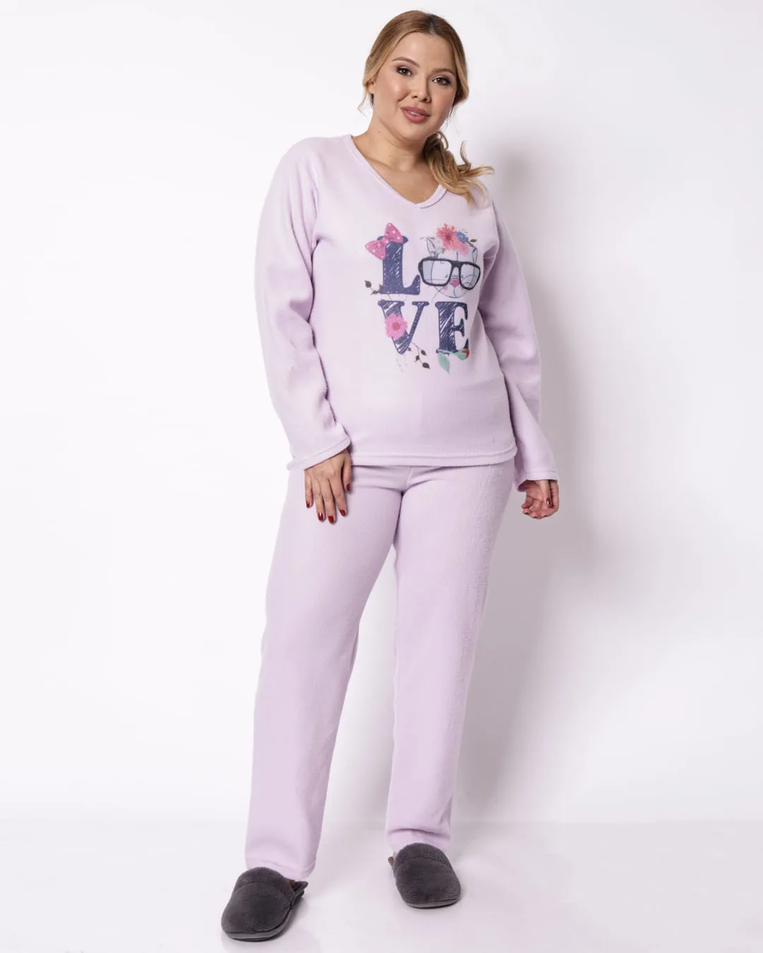 Pijama Plus Size Feminino Longo Soft Lilás