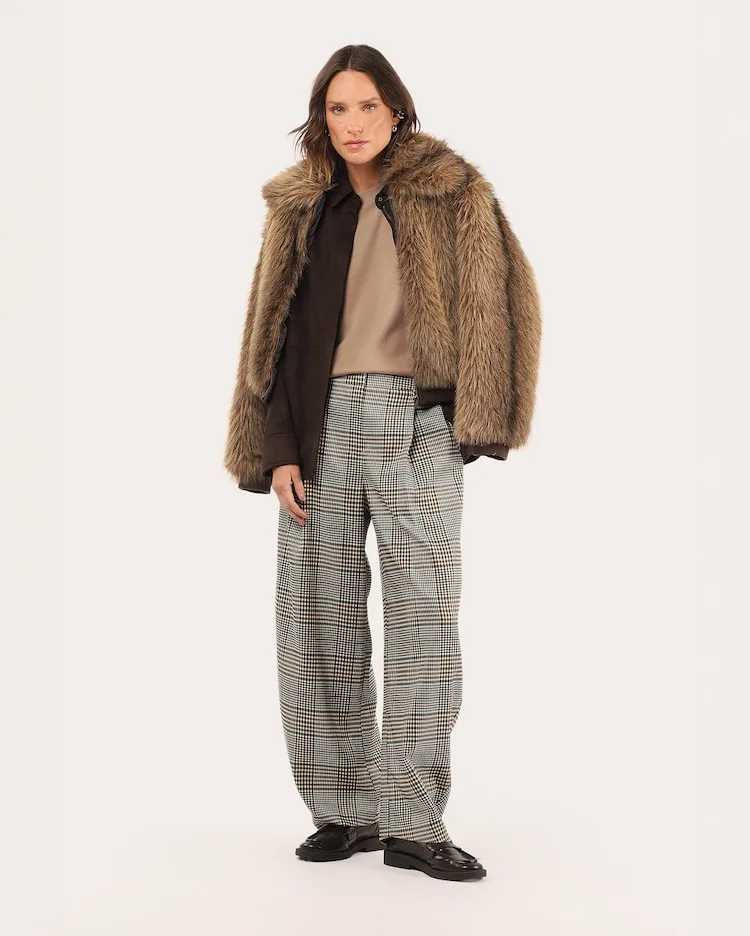 Calça feminina barrel príncipe de gales - multicor