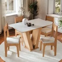 Conjunto Mesa de Jantar Vivi com 4 Cadeiras Estofadas 110cm Design Moderno Base em V Tampo Resistente para Sala de Jantar Compacta