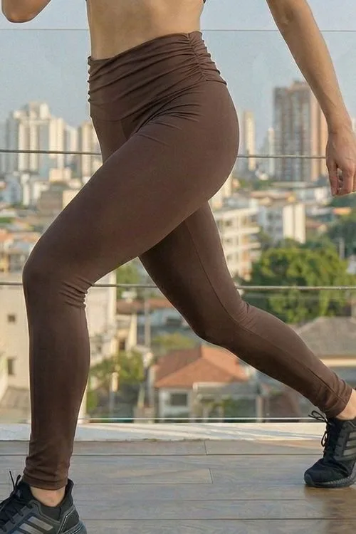 Calça Legging Fitness Cós Frazido Polo Wear Marrom Escuro