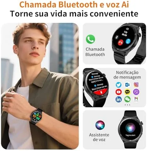 Smartwatch Aurafit Relógio inteligente para Homens, Tela Full Touch 1.43"AMOLED, IP68, Compatível com iOS e Android, 110+ Modos Esportivos, Assistente de Voz, Faz e Recebe Ligações