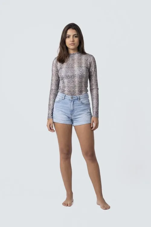 Blusa Tule Manga Longa Feminina Animal Print Cobra