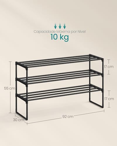 SONGMICS Estante para Sapatos 3 Andares, Organizador de Calçados, Prateleira Metálica, Montagem Versátil, Para 16-20 Pares, Empilhável, Corredor, 30 x 92 x 55 cm, Preto BRLSA303B02
