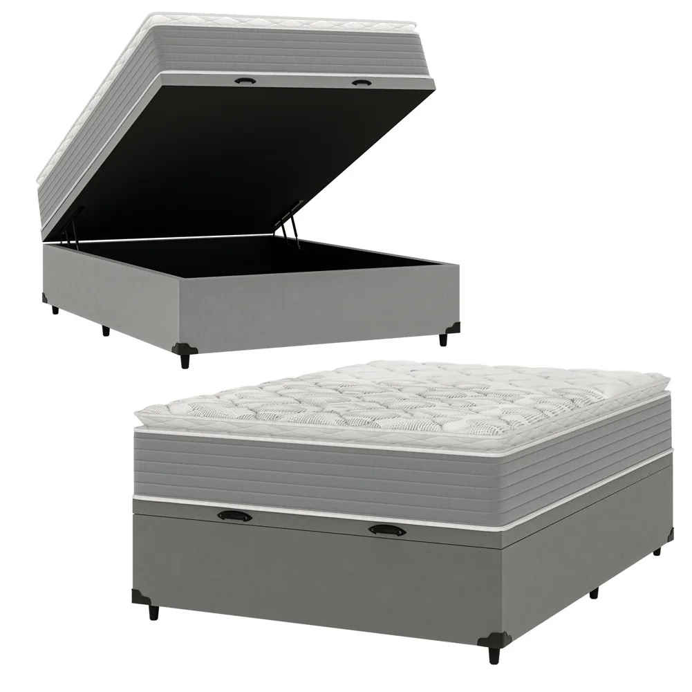 Cama Box Baú Casal Molas Ensacadas Pillow Top 138x188x66cm Martino Cinza Umaflex