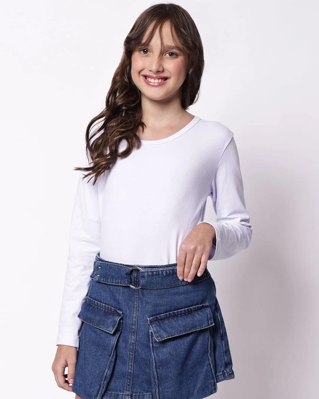 Blusa Juvenil Manga Longa Básica Branca