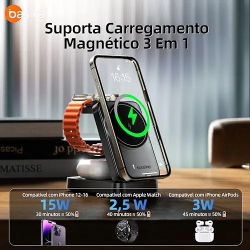 Basike Carregador Sem Fio 3 em 1 Magnético 2025, Estação de Carregamento Portátil com Luz Noturna, Dobrável e Compatível com MagSafe, iPhone 16/15/14/13/12, Apple Watch e AirPod (Preto)