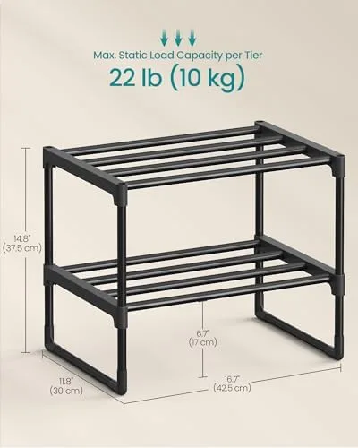 Sapateira SONGMICS ULSA002B01 Organizador de sapatos de 2 níveis, prateleira de metal, vertical ou de cabeça para baixo, para 3 a 6 pares, empilhável, para entrada, 30 x 42 x 37,5 cm, preta