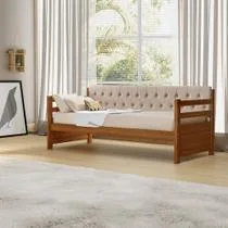 Sofá Cama Solteiro Verona Mona Castanho Estofado Capitonê Veludo Bege