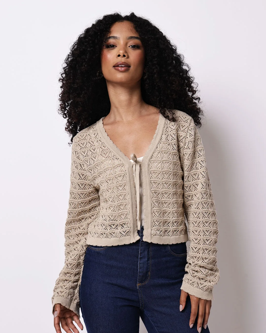 Cardigan Tricô Feminino Manga Longa Bege