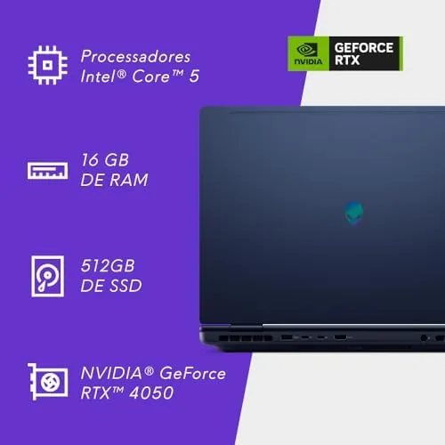 Notebook Gamer Alienware Aurora 16" WQXGA | Intel Core 5 | 16GB RAM | 512GB SSD | NVIDIA GeForce RTX 4050 | Windows 11 | AC16-C5210H-A20