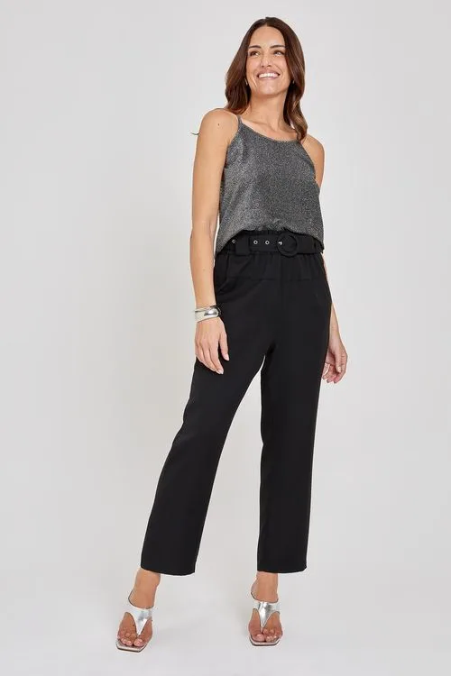 Calça Feminina Preta Cós Franzido Cinto Fivela Redonda