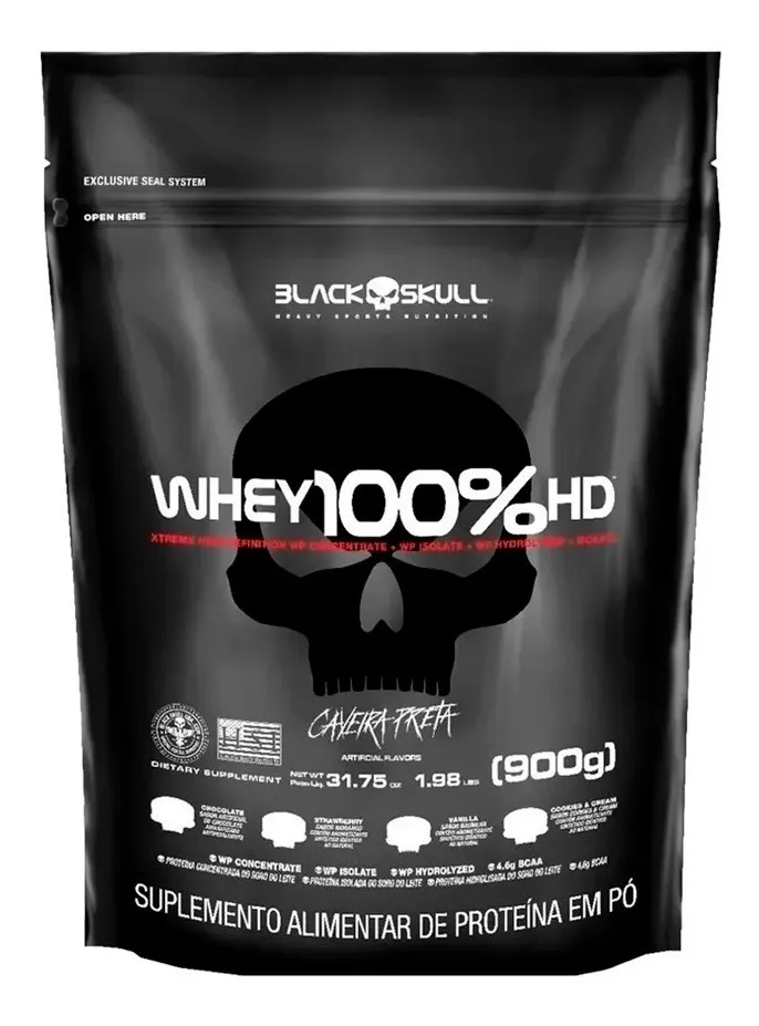 Suplemento em Pó 100% Hd Refil Black Skull - 900g Wpc Wpi E Wph Sabor Chocolate