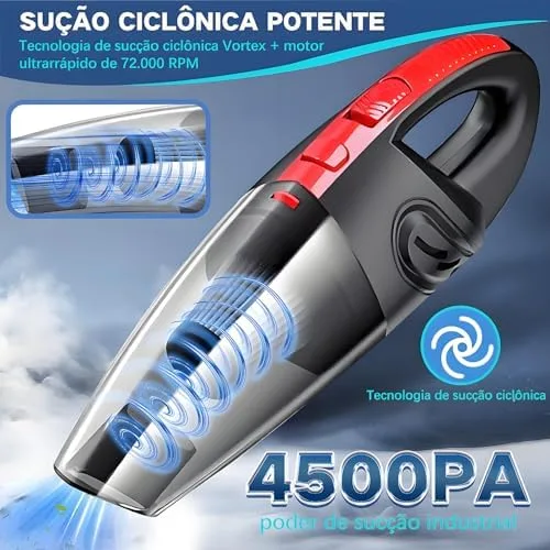 Aspirador de Pó Portátil Sem Fio, 120W Alta Potência com Sucção Poderosa, Uso Seco/Úmido, Recarregável, para Carros e Casa, Filtro Lavável, Inclui 7 Acessórios, Preto (vermelho)