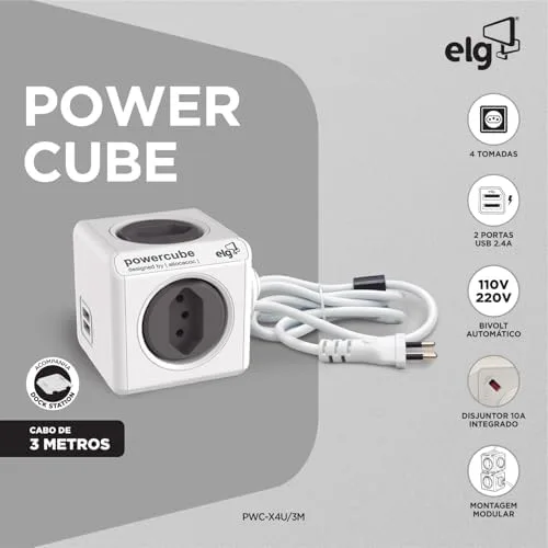 ELG, PWC-X4U/3M, PowerCube com Extensor USB, Filtro de Linha, Multiplicador 4 Tomadas Bivolt com 2 Portas USB 2.4A, Disjuntor Integrado de 10A, Cabo 3m, Cinza