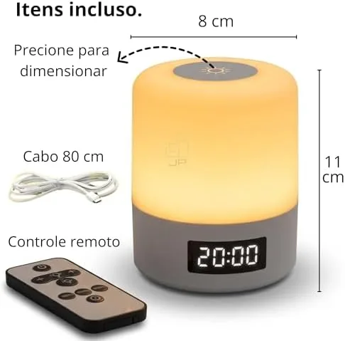 Luminária de Mesa LED Recarregável com Relógio Digital e Controle Remoto, Abajur Touch Ajustavel Sem Fio Portátil, Luz Noturna para Quarto Infantil, Berçário Escritório e Criado mudo