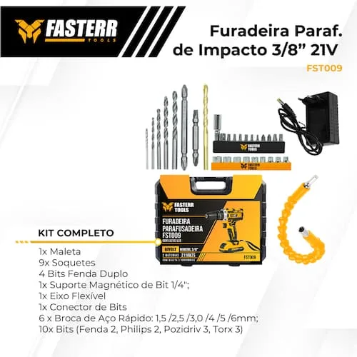 Parafusadeira Furadeira de Impacto 3/8"  21V e 33 Acessórios com Maleta FASTERR - FST009