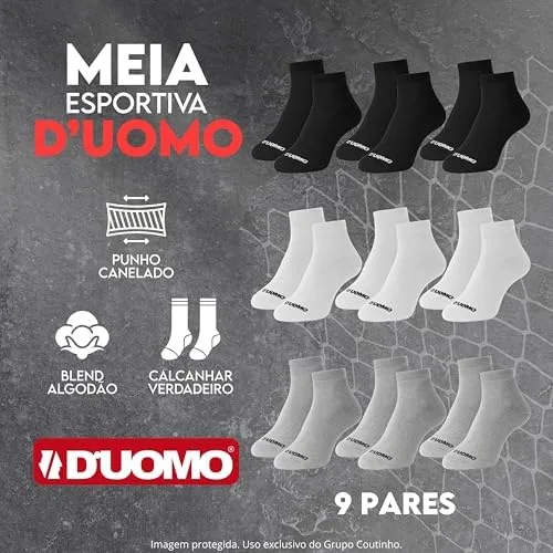Kit 9 Pares Meia Masculino Cano Médio Punho Canelado Corrida Academia Algodão Premium Duomo