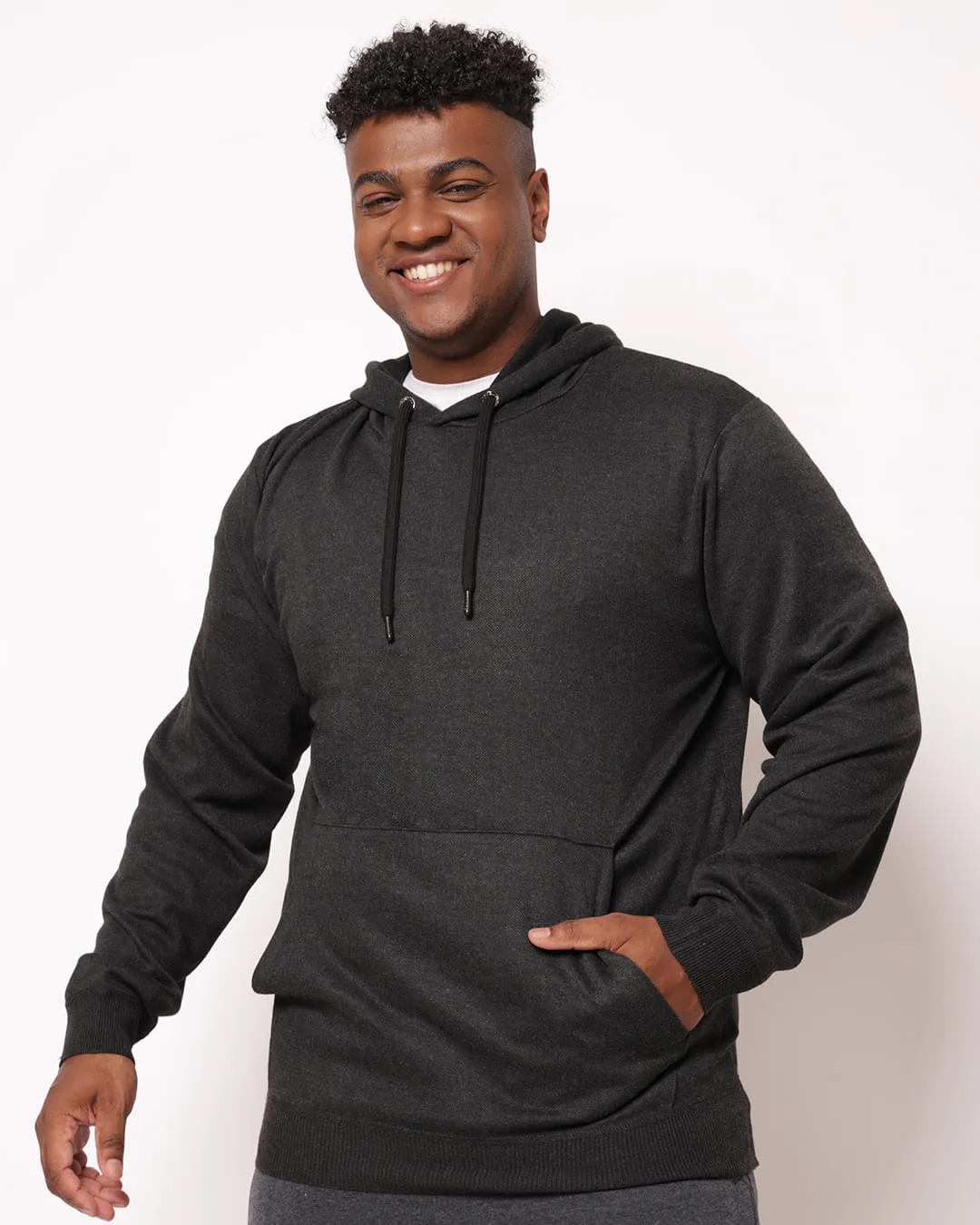 Blusão Plus Size Masculino Tricô Bolso Canguru com Capuz Cinza