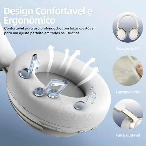 Fones de Ouvido Bluetooth 5.4, Headphone Bluetooth com Cancelamento de Ruido Ativo ANC, Suporte Chamadas de Voz, Certificação Hi-Pure Audio, 40 Horas de Reprodução (Branco)