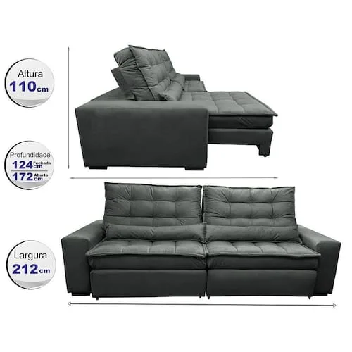 Sofá Retrátil e Reclinável com Molas Ensacadas Cama inBox Gold 2,12m Tecido Suede Velusoft - Cinza