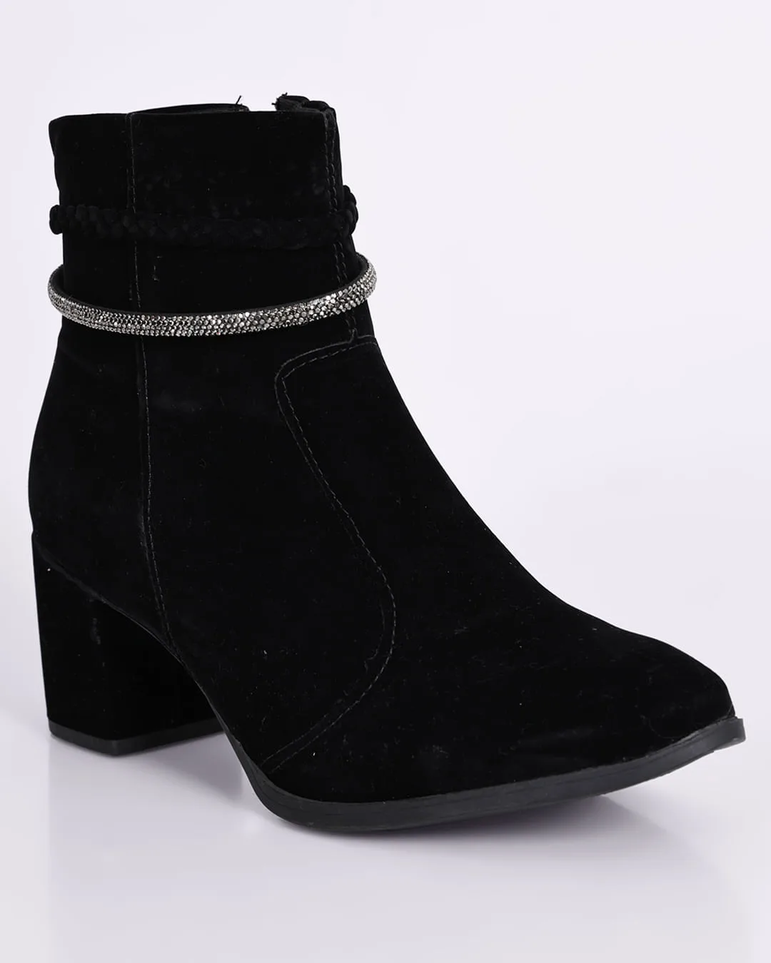 Bota Feminina Camurça com Strass Salto Grosso Preta