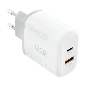 Carregador de Parede Ultra Rápido i2GO PRO, com 1 Saída USB-C Power Delivery 36W + 1 Saída USB-A 18W, Branco