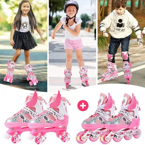 2 Em1 Patins Infantil Ajustável, Patins 4 Rodas, Patins Quad, Patins Infantil Menina, Ajustável com Bolsa e Kit Proteção, Para meninas, meninos e iniciante