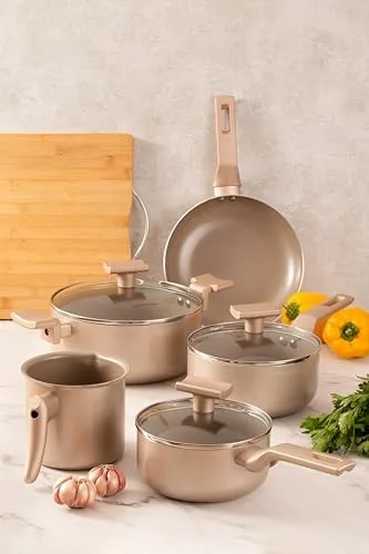 Mimo Style Conjunto 5 Panelas Sartin Cook Estrutura em Alumínio Revestida em Cerâmica, Base Alto Relevo. Tampa Vidro Temperado Alças e Cabos Soft-Touch. Fogão a Gás, Elétrico e Vitrocerâmico