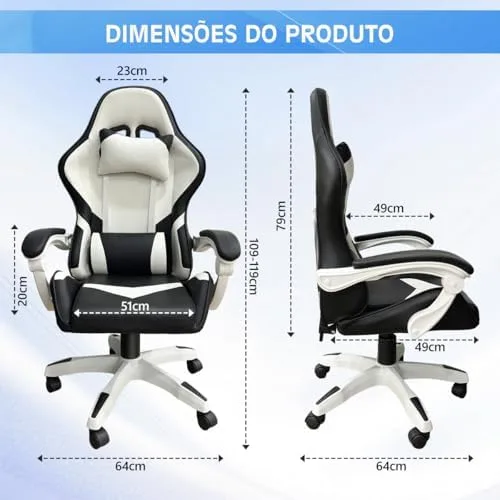 Cadeira Gamer Ergonômica com Ajuste de Altura, Apoio para Cabeça, Reclinação 90°-150° e Rodas 360° - Suporta até 120KG