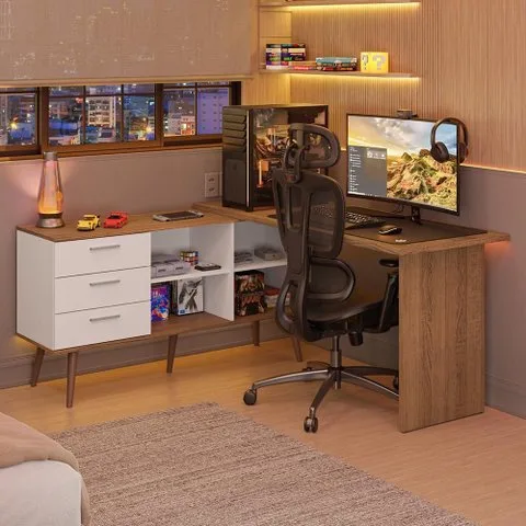 Escrivaninha em L Mesa para Computador Gamer 3 Gavetas Branco/rustic Lisboa Madesa