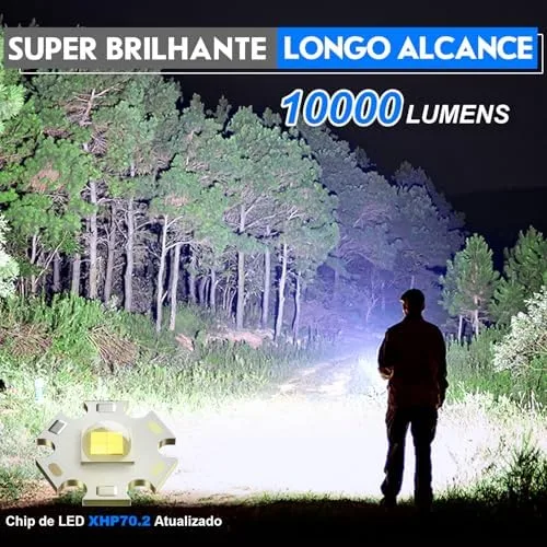Lanterna Led Recarregavel 10000 Lumens, Goreit Lanterna Tatica Militar Super Potente XHP70.2, Lanterna a Pilha Lanterna De Choque Defesa Pessoal USB Para Acampamento Caminhada Pesca EmergêNcia