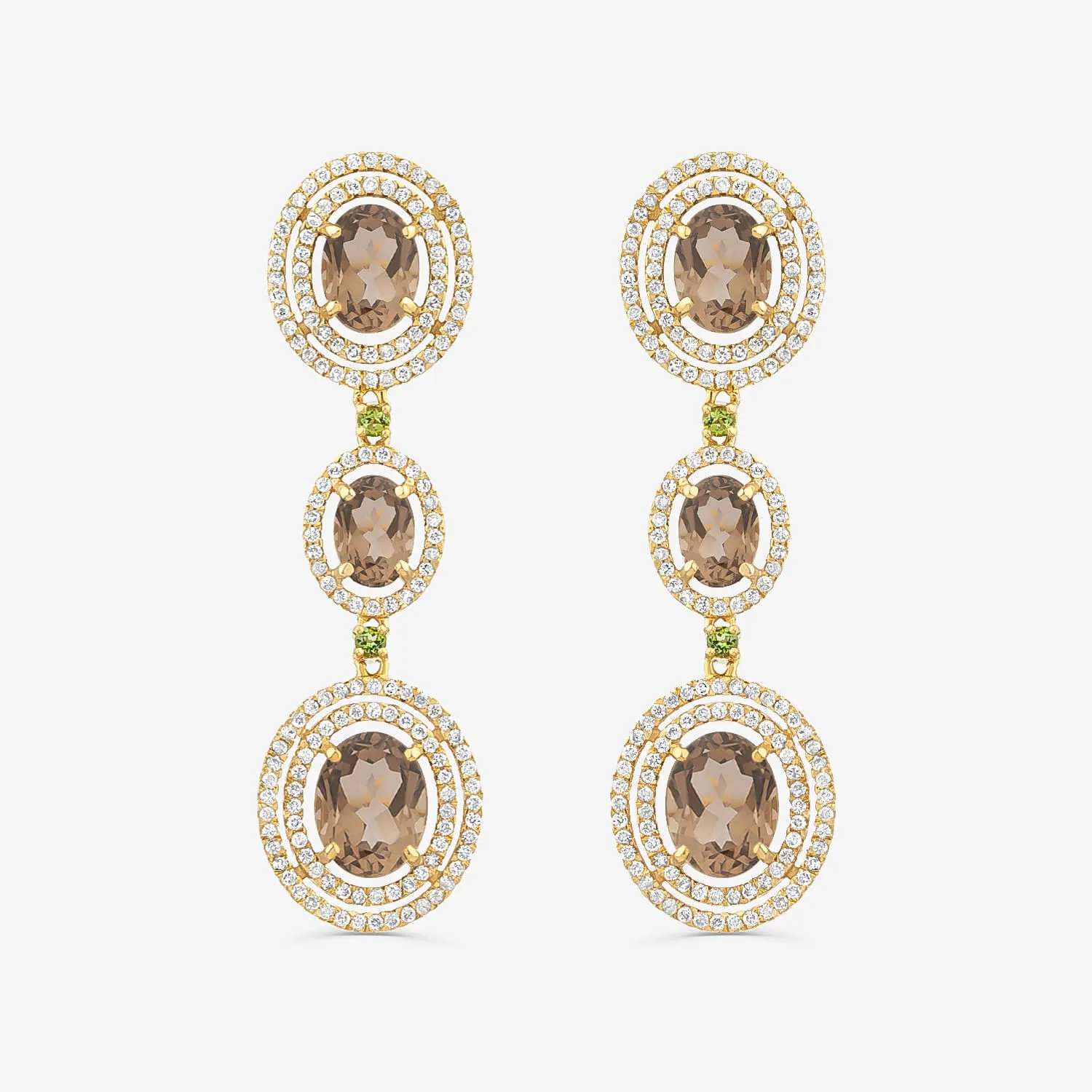 Brinco Singular em Ouro Amarelo 18k com Quartzos Fumê, Turmalinas Verdes e Diamantes