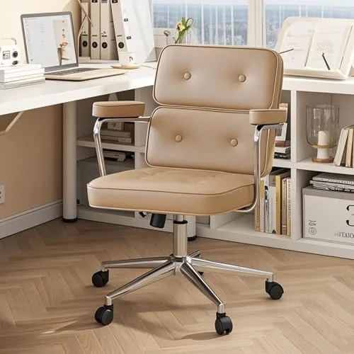 Cadeira de Escritório Compacta Python Fly – Couro Sintético Premium & Base Metálica, Design Moderno (Bege Café)