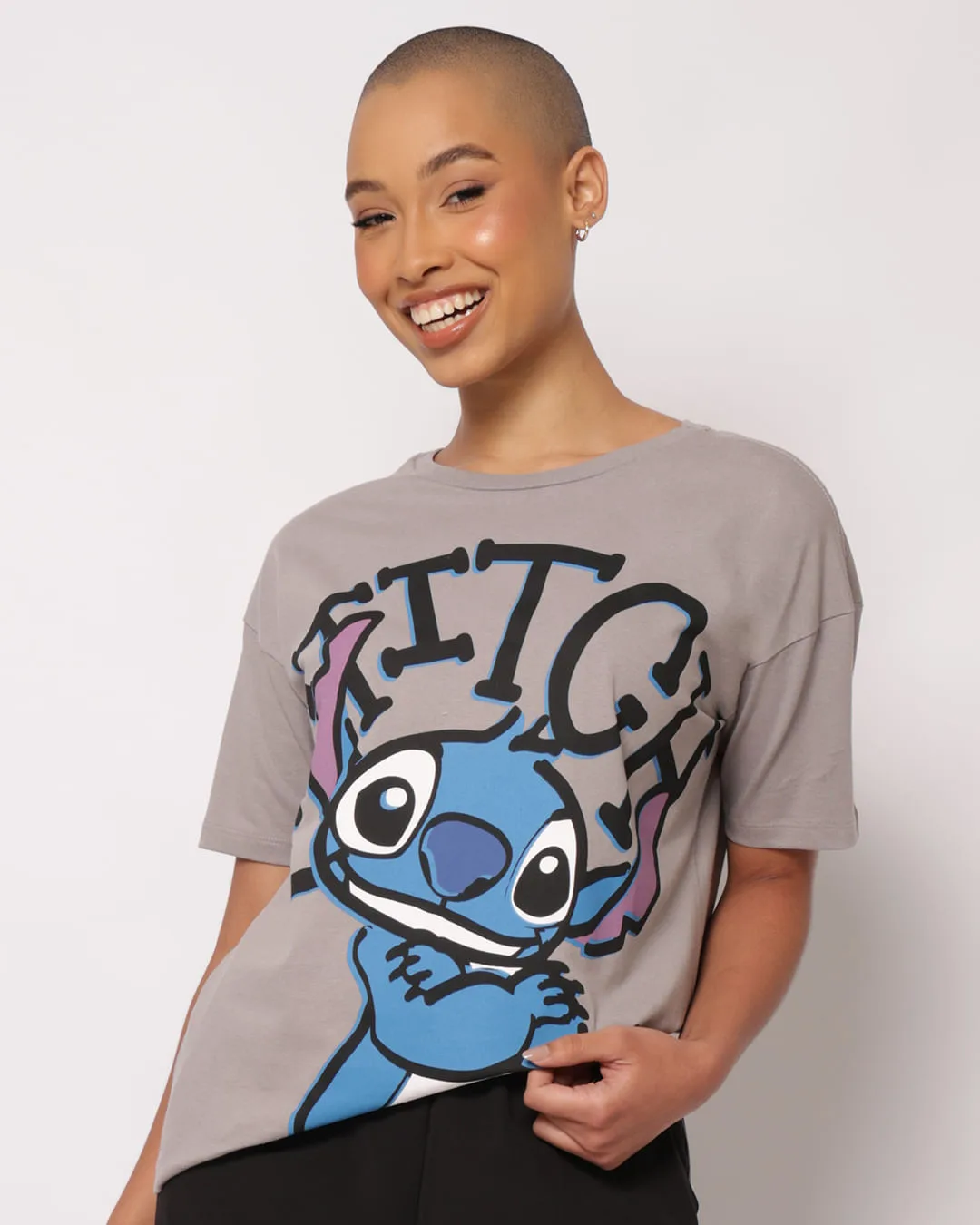 Camiseta Feminina Oversized Algodão Disney Stitch Cinza