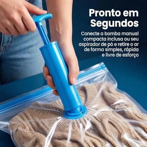 Kit 10 Sacos a Vácuo para Roupas com Bomba Manual 50x60cm – Saco Organizador a Vácuo para Viagem, Mala e Armazenamento, Economiza Espaço