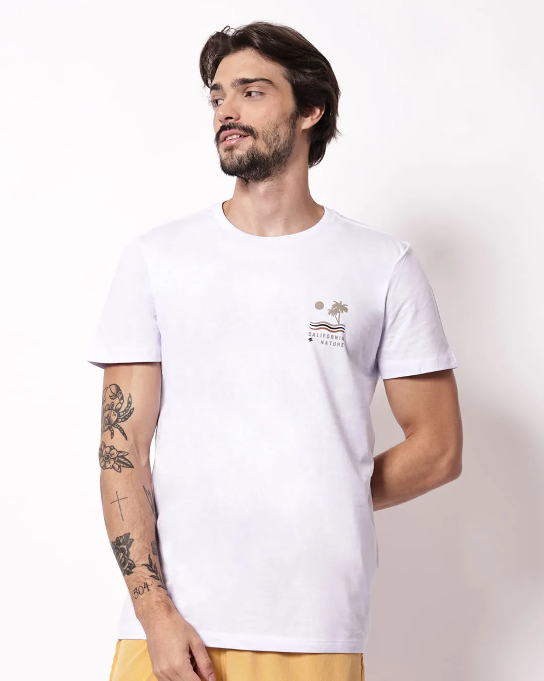 Camiseta Masculina Algodão Estampa Tropical Branca