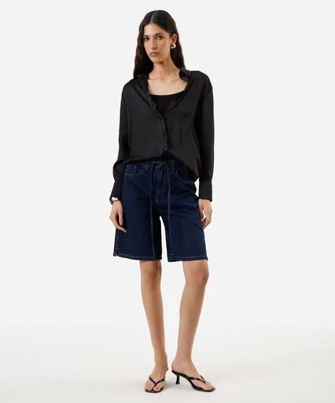 bermuda reta feminina jeans com cordão cintura média azul
