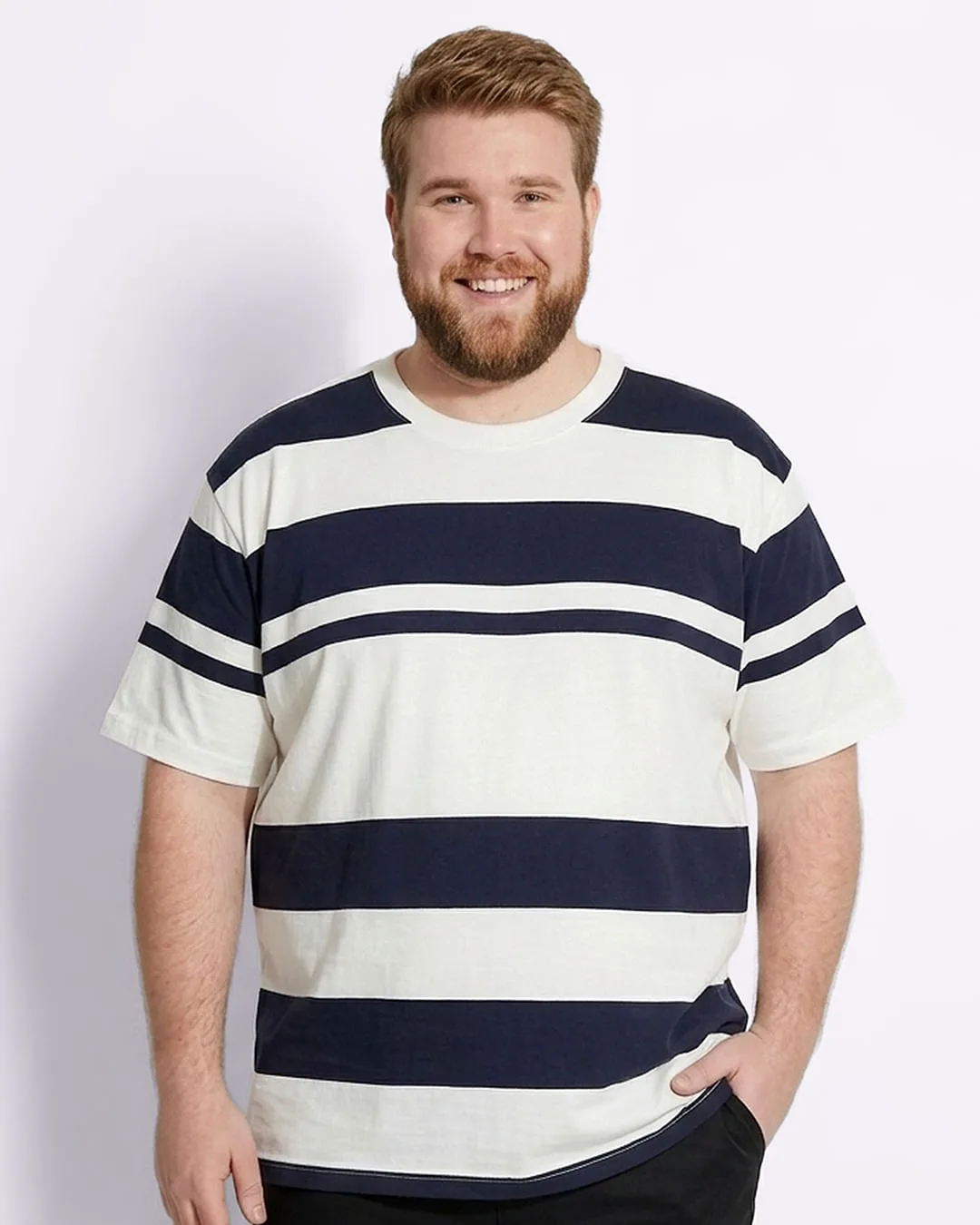 Camiseta Plus Size Masculina Algodão Listrada Manga Curta Off White