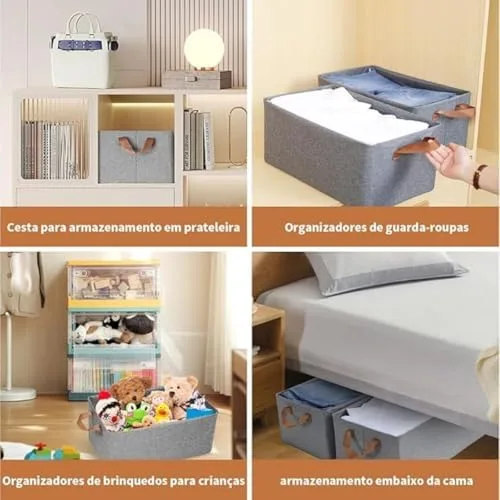Kit 4 Caixa Organizadora Cestos Organizadores Multiuso Caixa Dobrável Poliester Cinza Com Alças Dupla | Amplo, Resistente, Durável, Lavável Espaçosa | Ideal para Roupas, Brinquedos e Mais