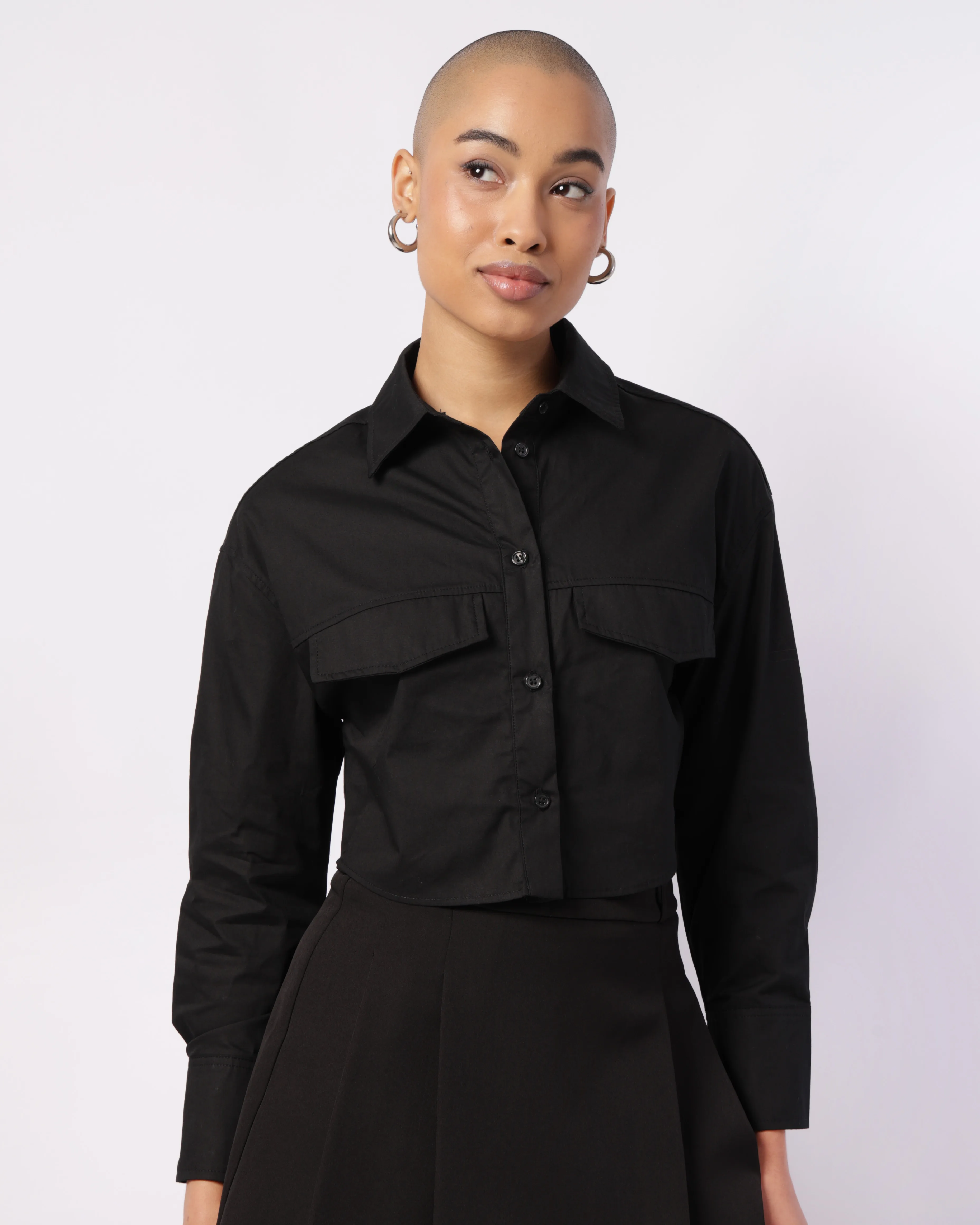 Camisa Feminina Cropped Algodão Manga Longa Preta