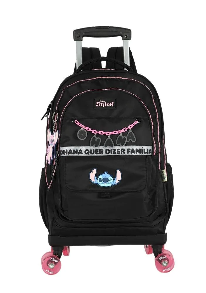 Mochila de Rodinhas Skate Média Juvenil Náilon Notebook Ohana Stitch com Chaveiro