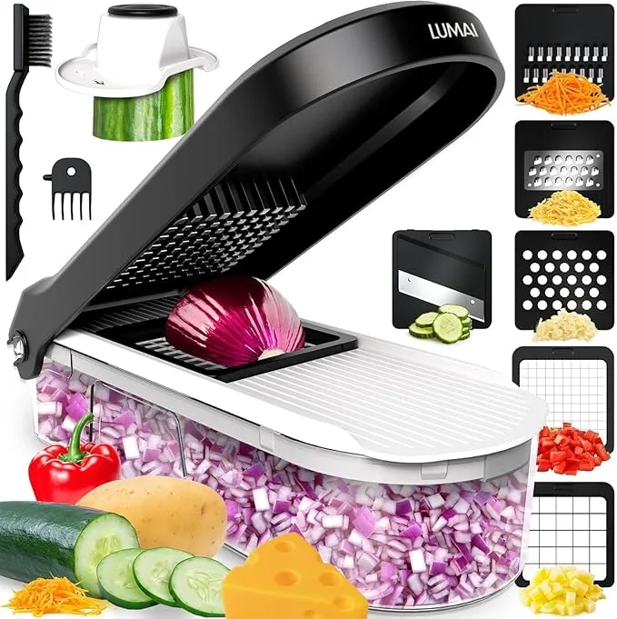 LUMAI Cortador Processado Ralador De Legumes, Queijos, Vegetais, Frutas e Alimentos Manual Multifuncional 6 Em 1 Com Recipiente, Fatiador, Picador, Triturador, Acessórios Para Cozinha