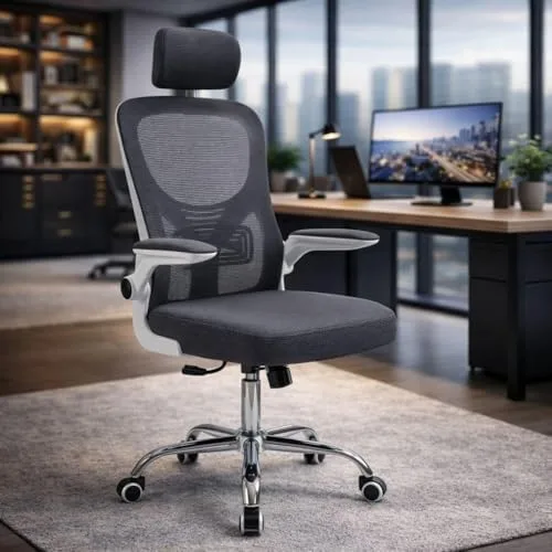 BlidShop Cadeira de escritório ergonômica Bari com apoio de cabeça 2D, tela mesh respirável, apoio lombar, braços ajustáveis, giratória, reclina 180° e suporta até 120kg (Cinza)