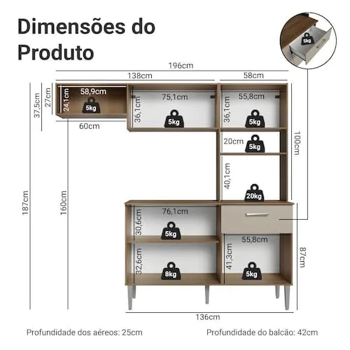 Armário de Cozinha Compacta 196cm Rustic/Crema Aura Madesa - Marrom | Bege